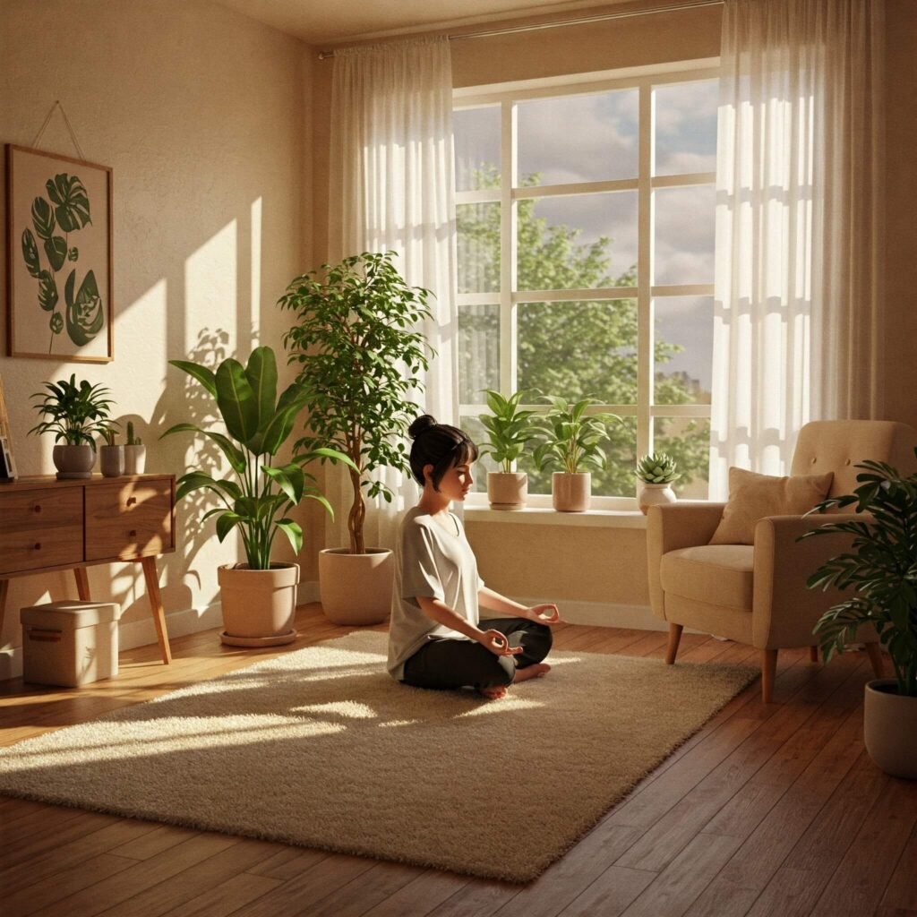 Peaceful meditation in sunlit room.