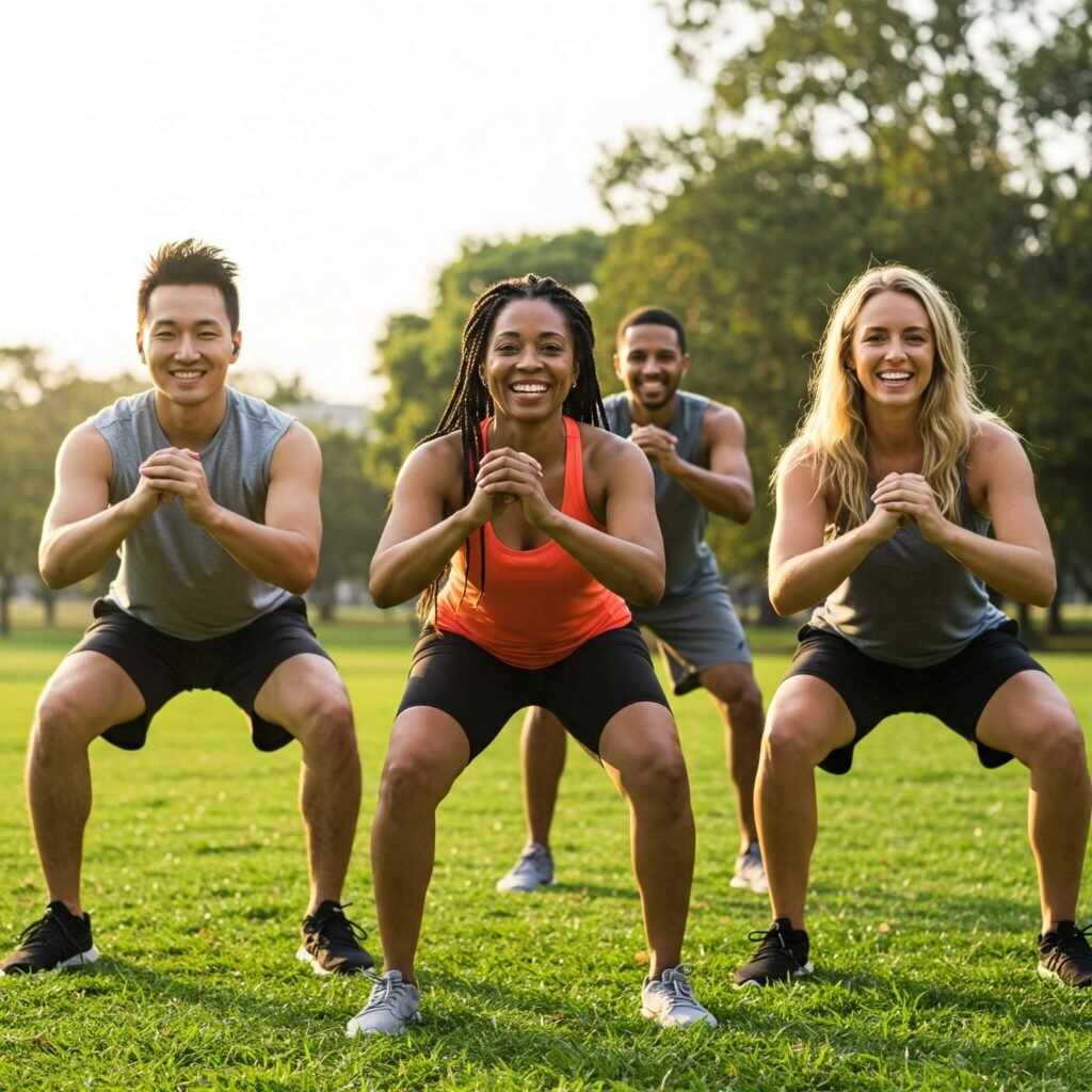 Diverse Group Park Workout: Squats & Lunges