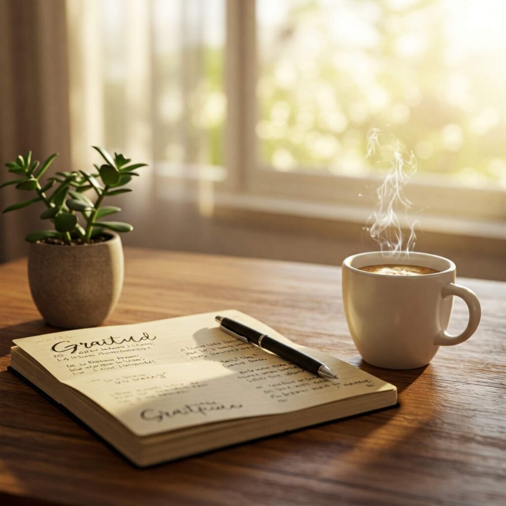 Morning gratitude journal with coffee.