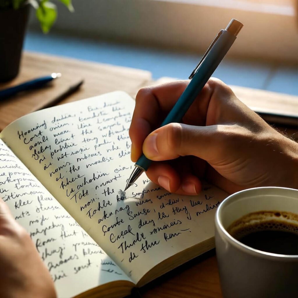 Writing small morning thoughts to build a daily success mindset.”