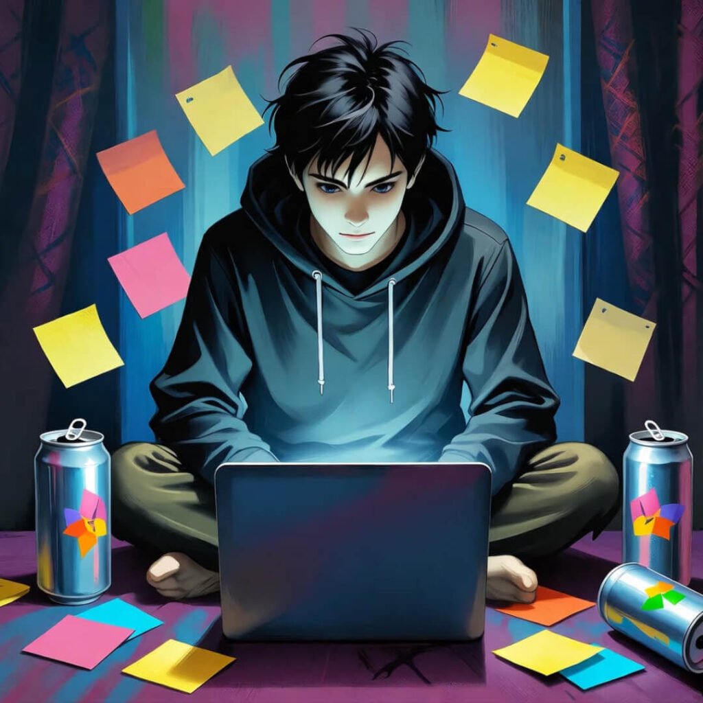 Exhausted coder amid sticky notes and cans.