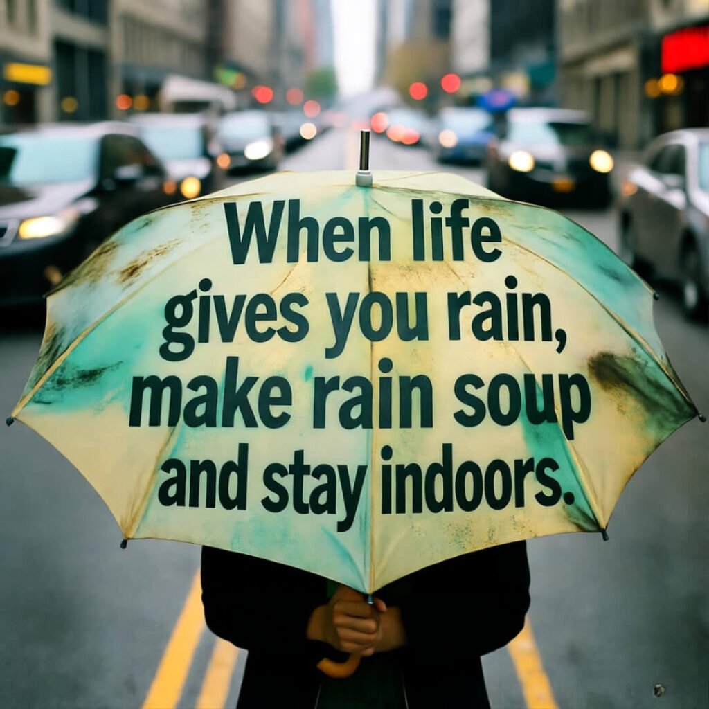 Vintage-style person holding quote umbrella in city rush, muted greens and yellows for wry humor.