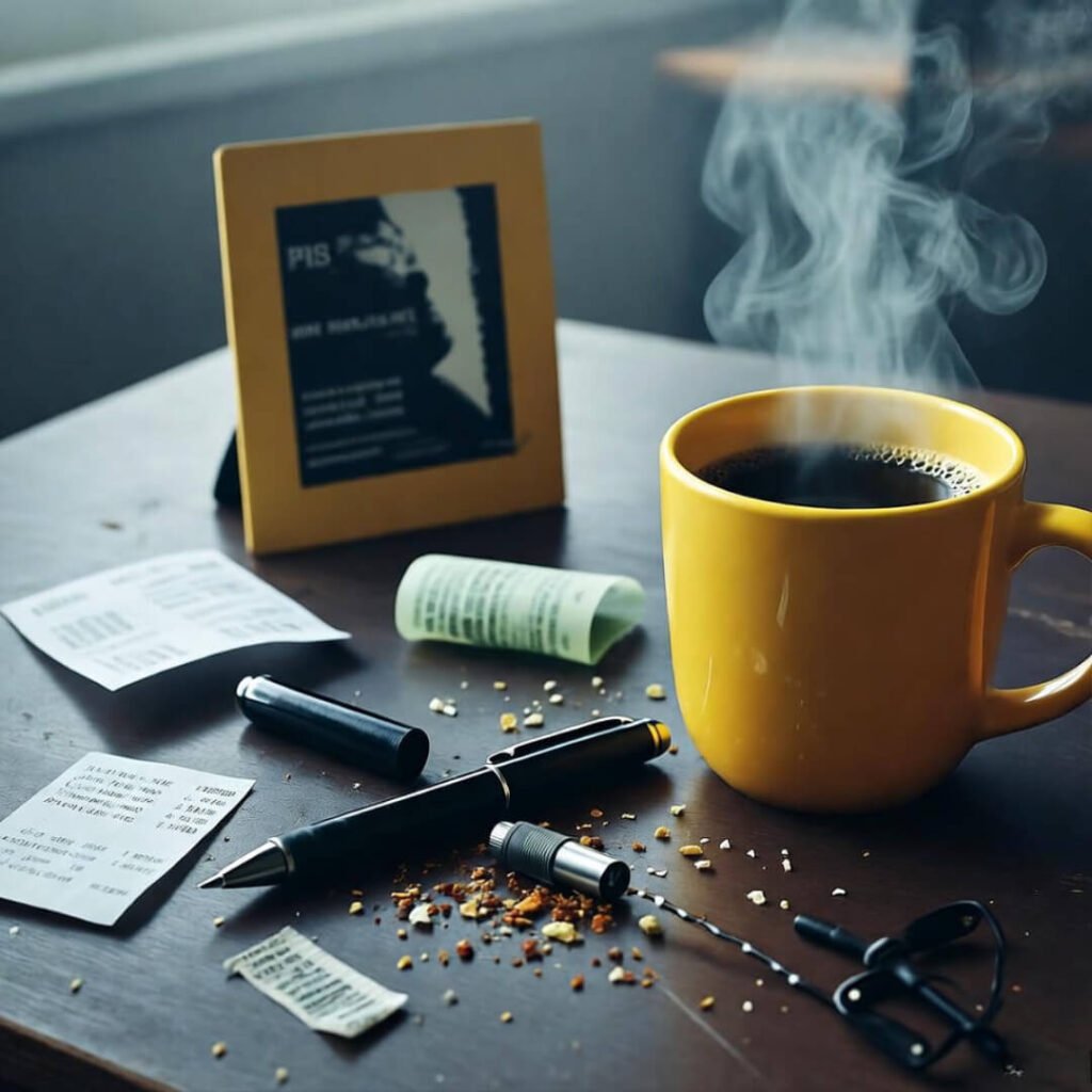 Cluttered desk with crumbs and exploded pen.