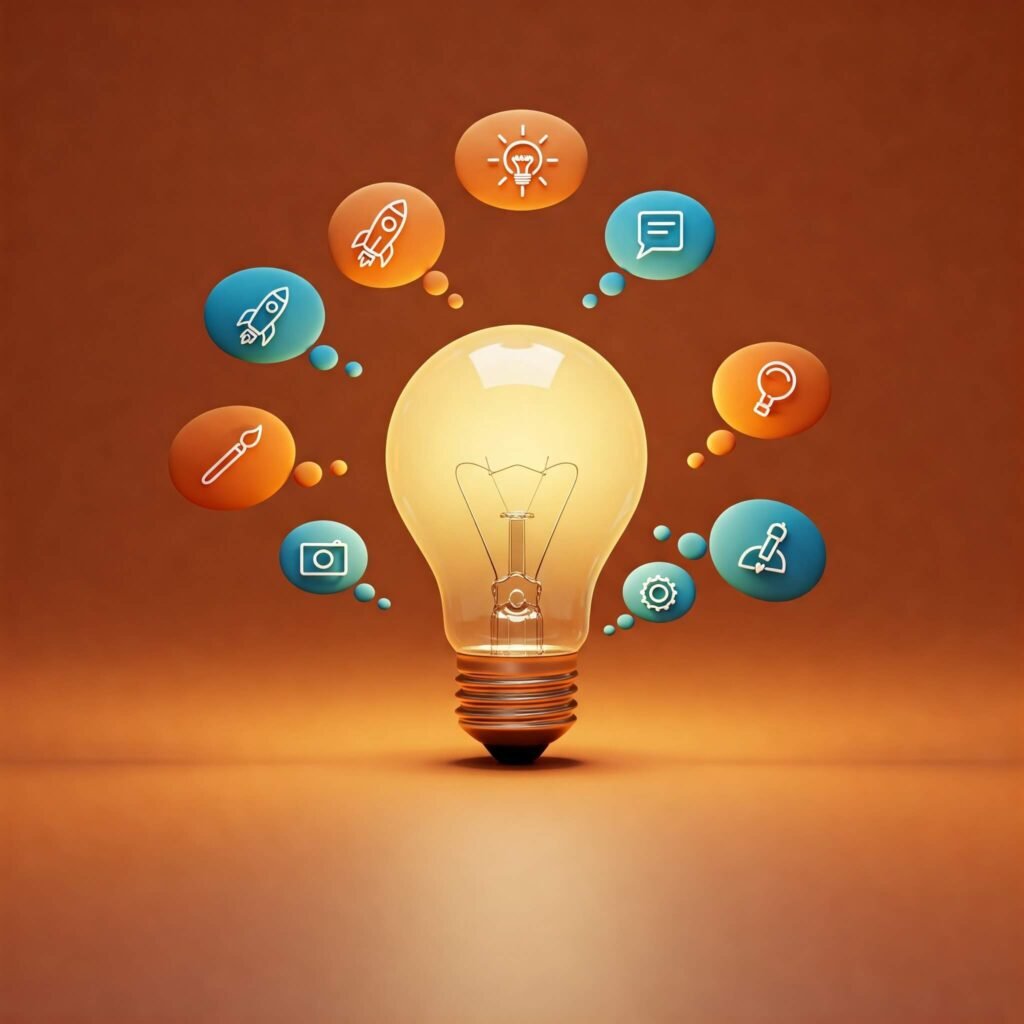 Lightbulb surrounded by colorful ideas
