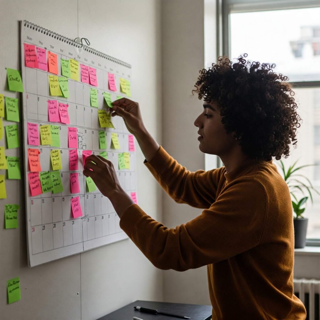 Person organizing colorful calendar.