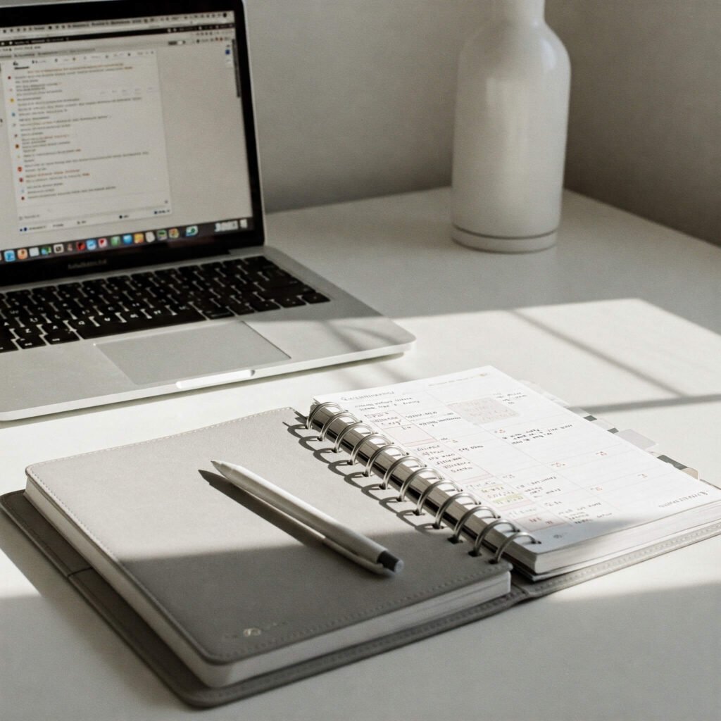 Organized workspace with laptop.