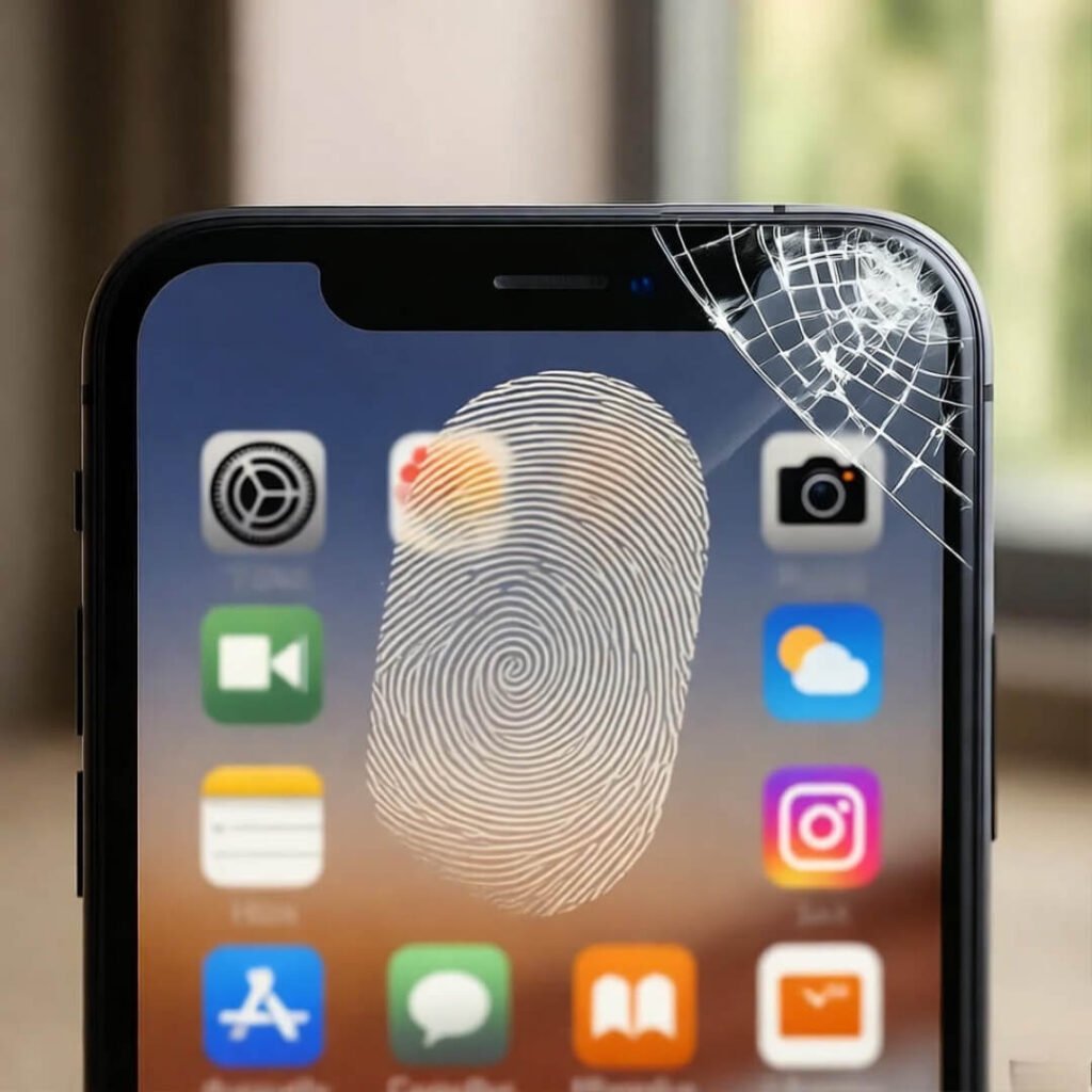 Crashing phone screen: smudged, cracked corner.