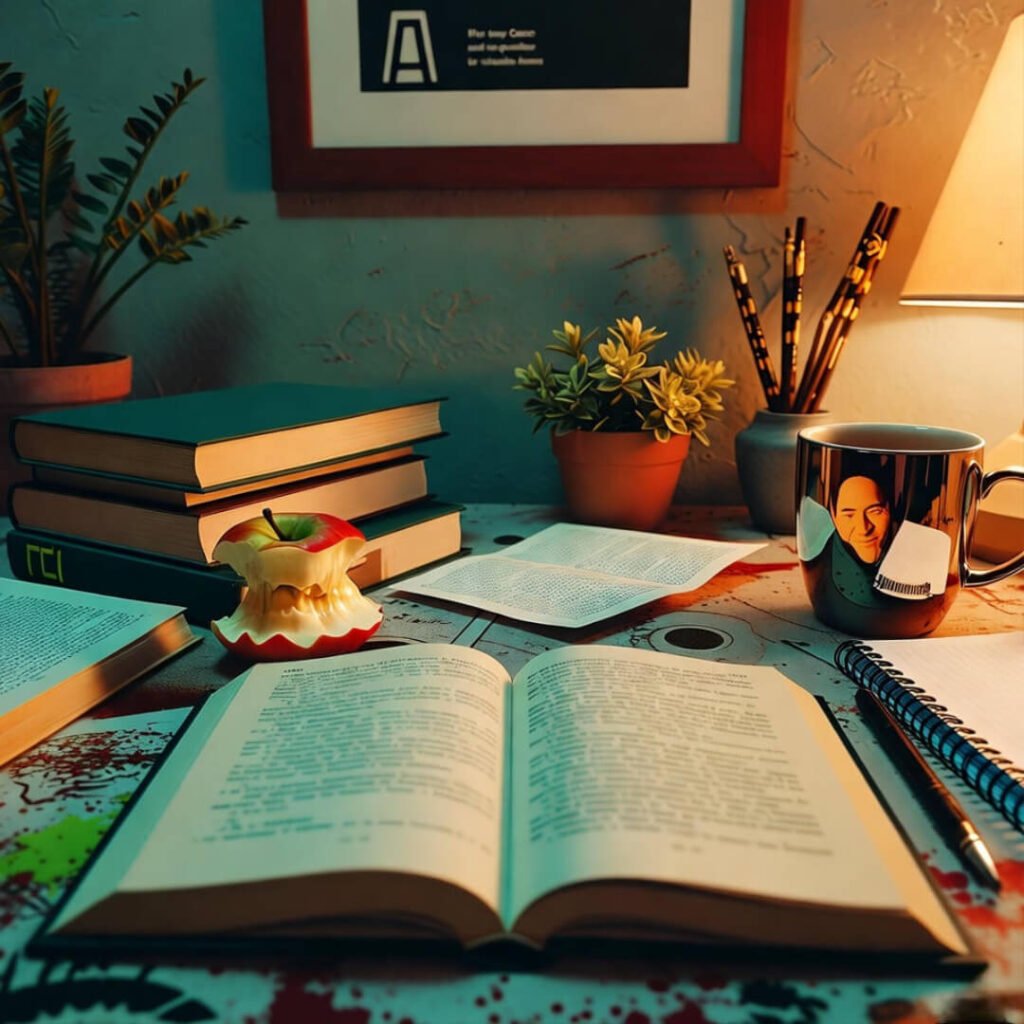 Cluttered desk with books and apple core.
