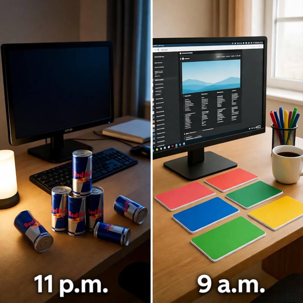 Desk: chaos at 11pm, order at 9am.