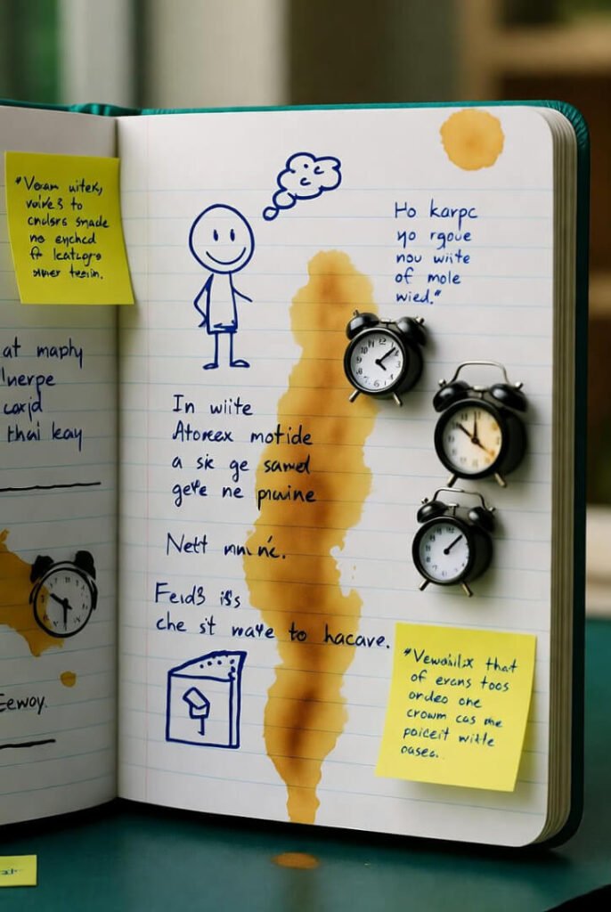 Ratty notebook with doodles and stains.