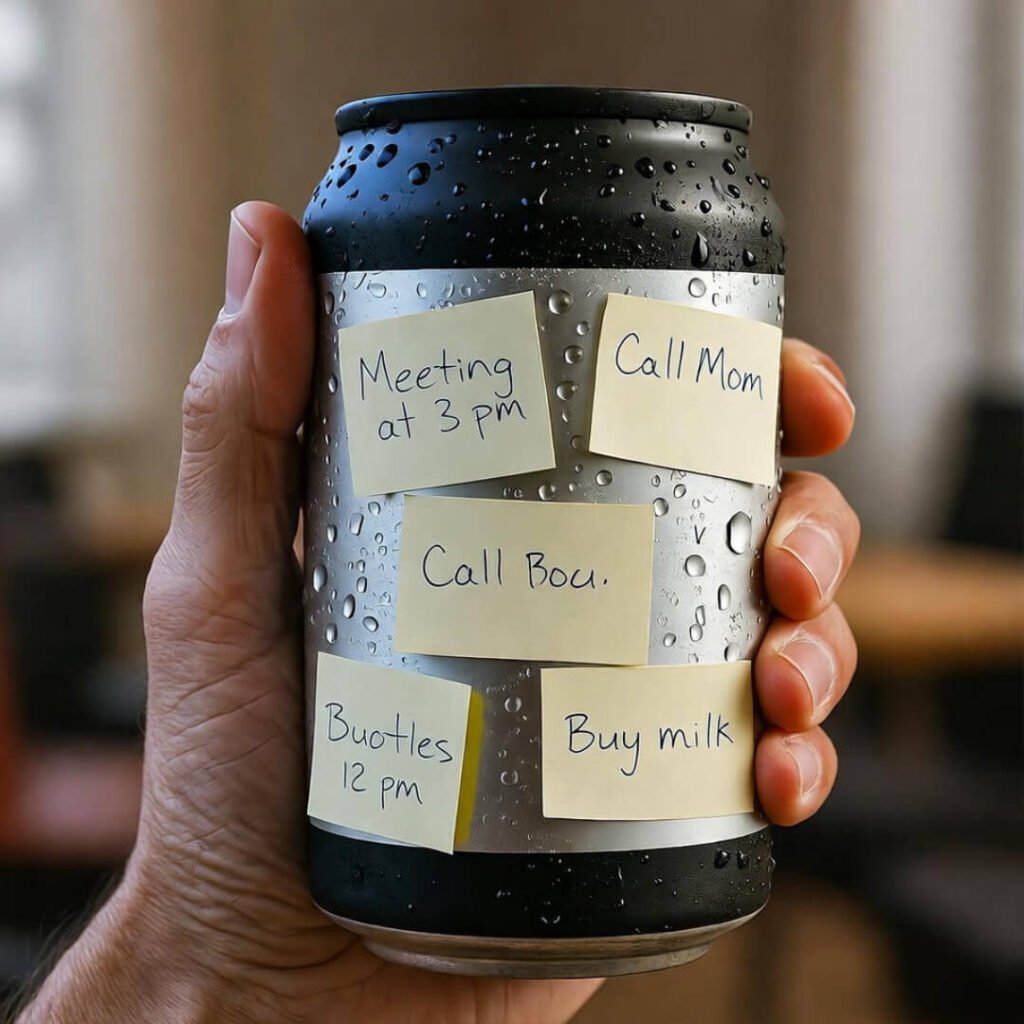 Hand grips cold brew with sticky flashcards