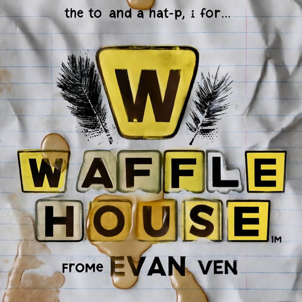 Stained notebook on Waffle House table, hashbrown blur.