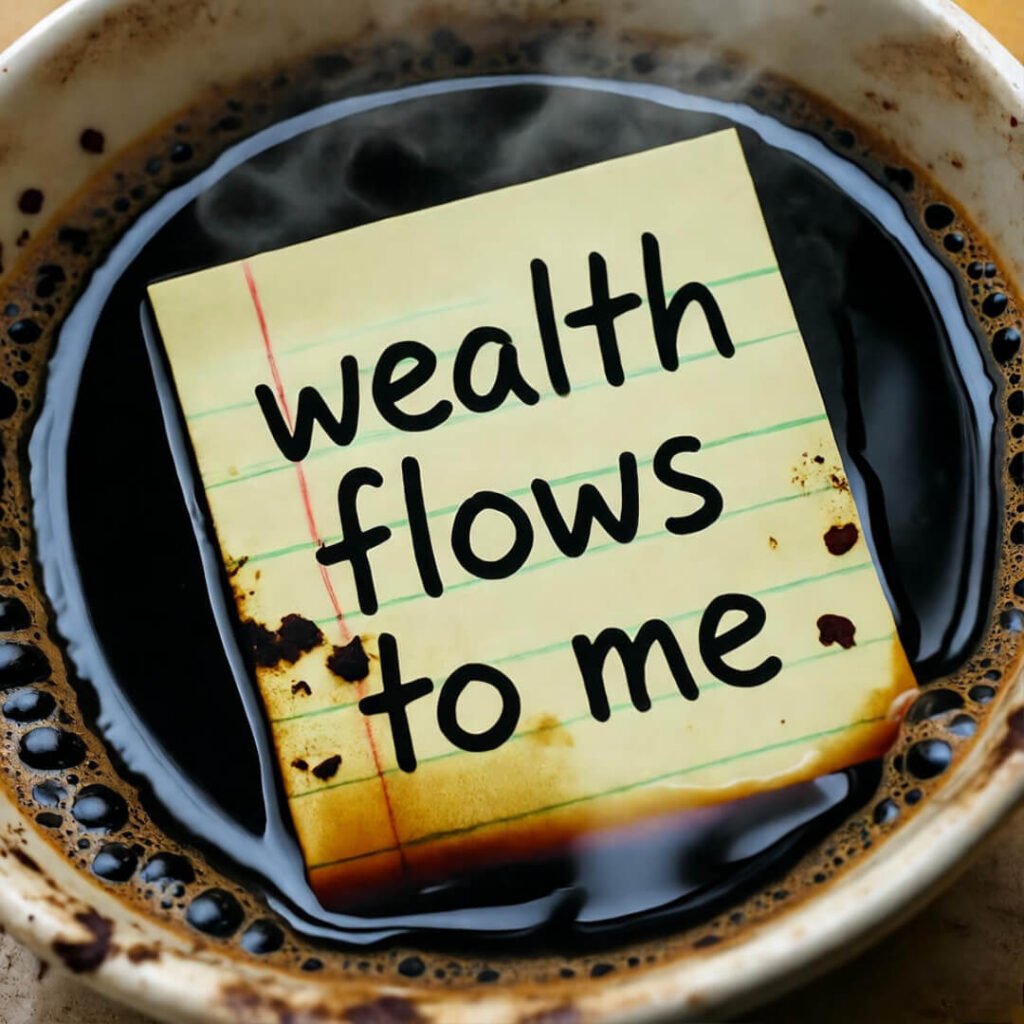 Coffee dissolves "wealth flows to me" on soaked paper.