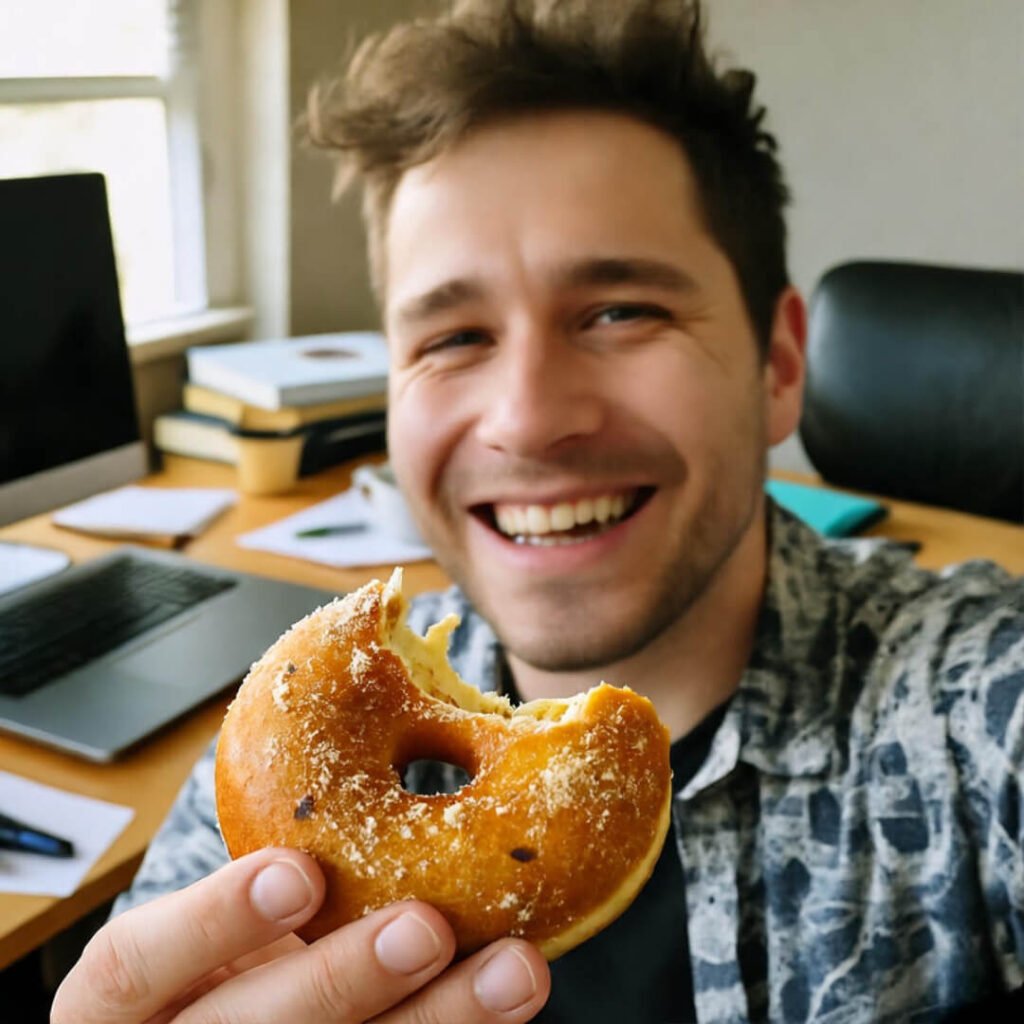 Blurry laugh selfie, half-eaten donut, messy desk forgiveness.