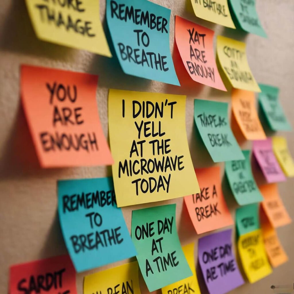 Rainbow sticky notes on wall, microwave win.