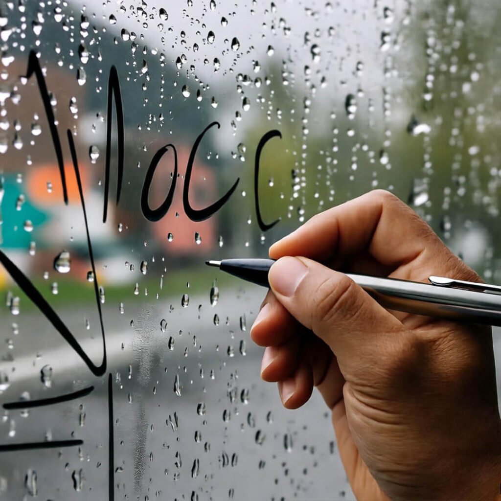 Writing notes on rainy bus window.