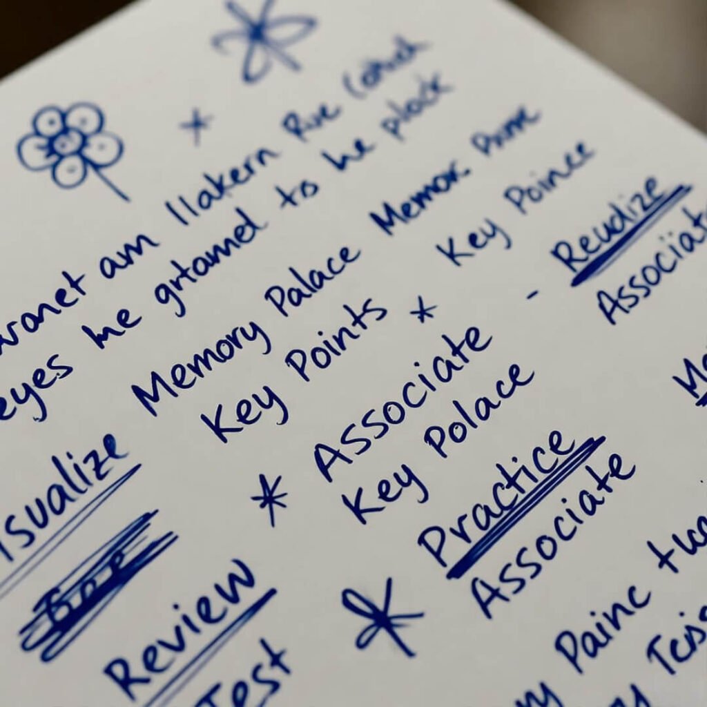 Tilted handwritten notes with doodles and cross-outs.