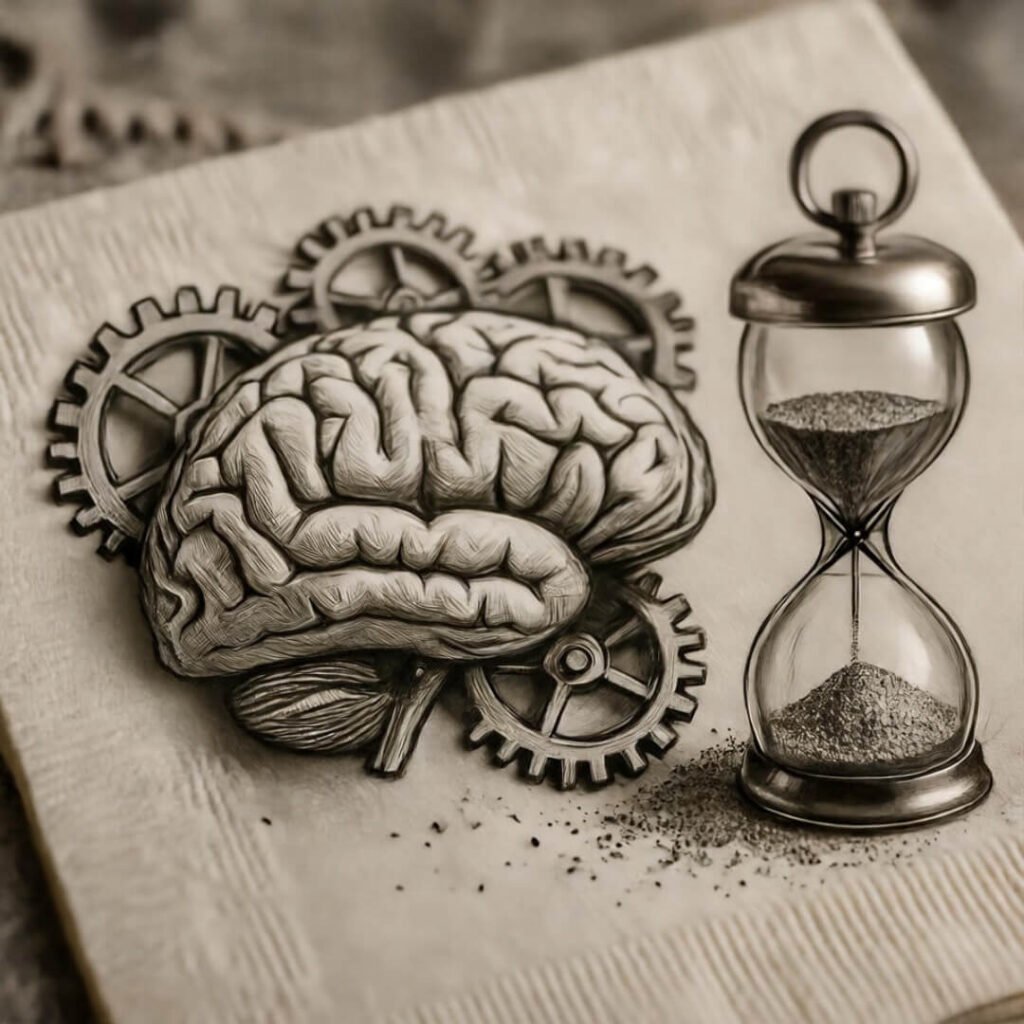 Brain-timer doodle on napkin.