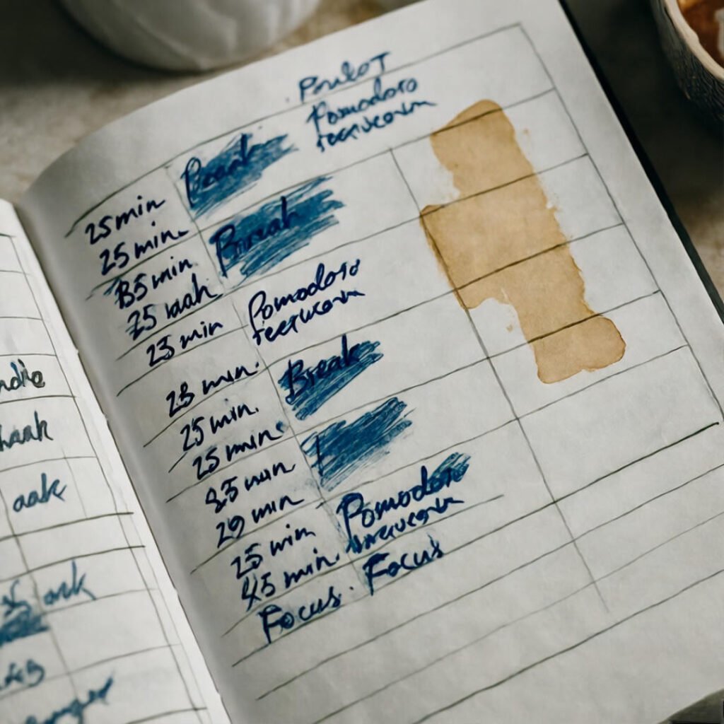 Coffee-stained Pomodoro notebook mess.