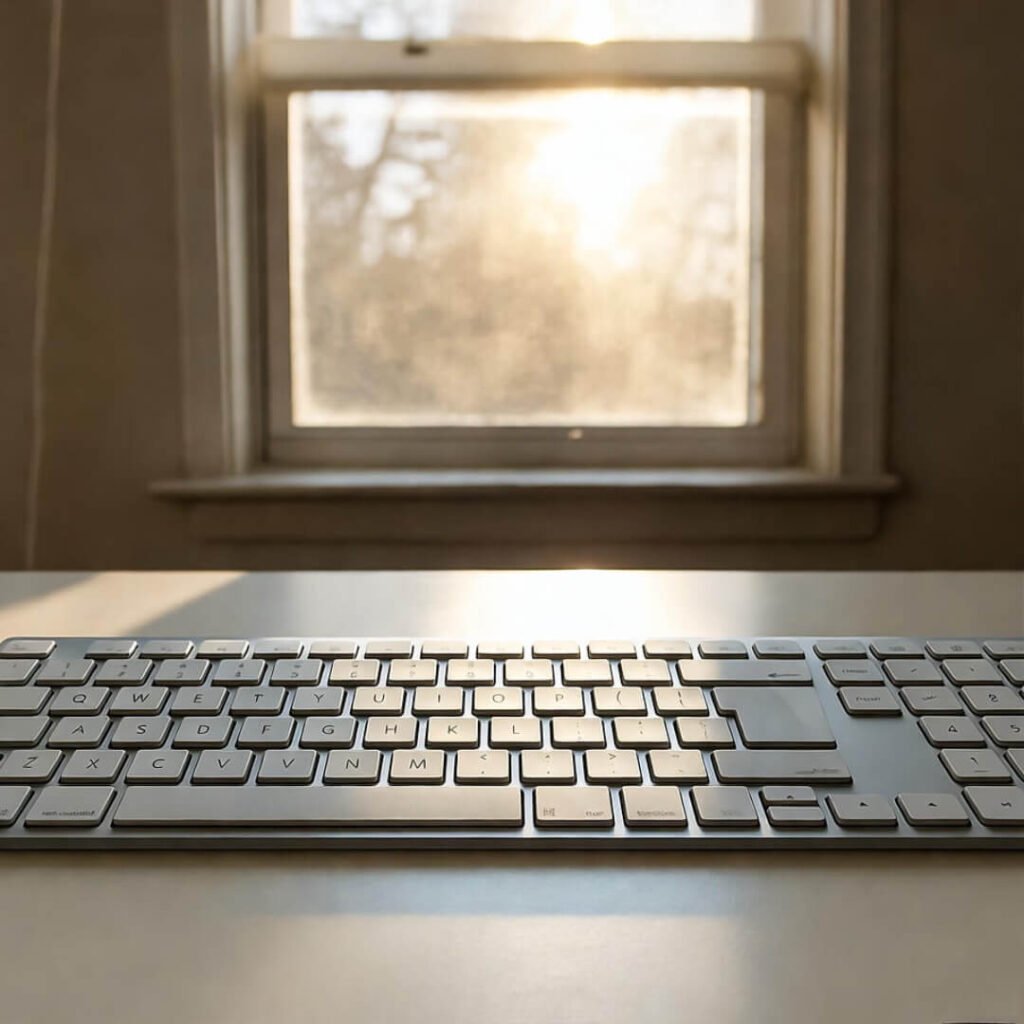 Sunlit keyboard, clean focus.