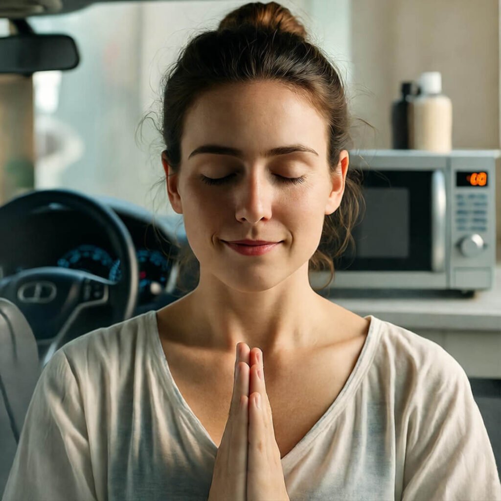 Meditating by beeping microwave, eyes closed.