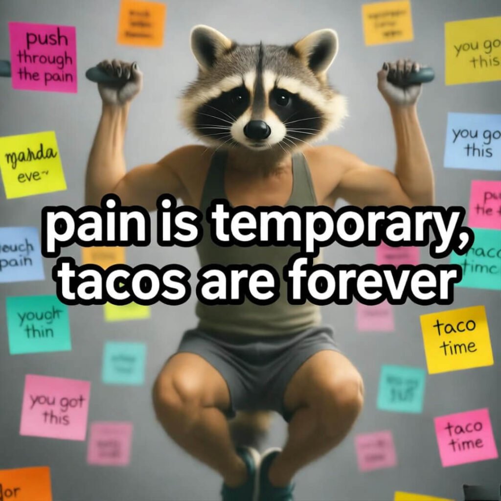 Raccoon failing pull-up with taco motivation text.