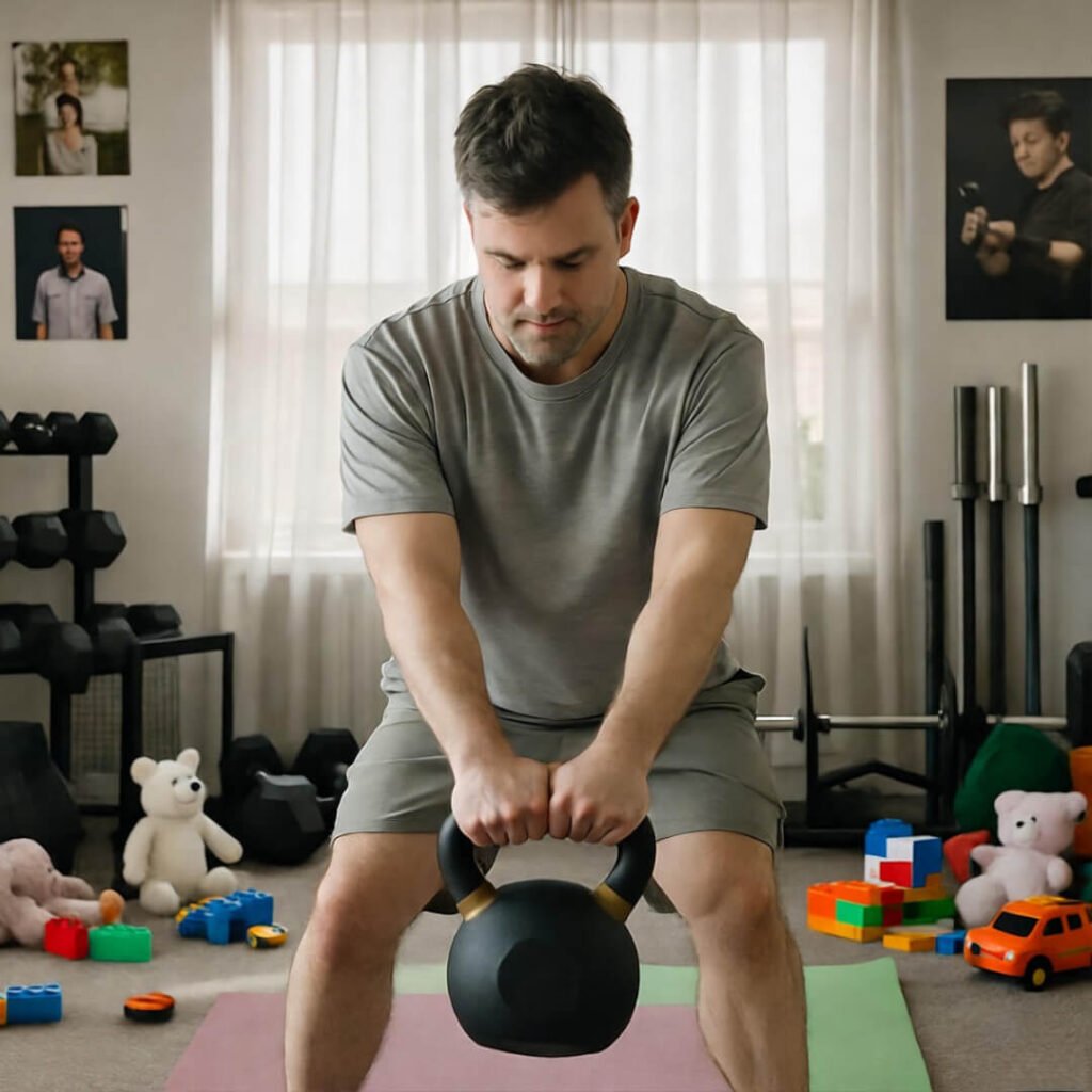 Kettlebell swing amid toy chaos.