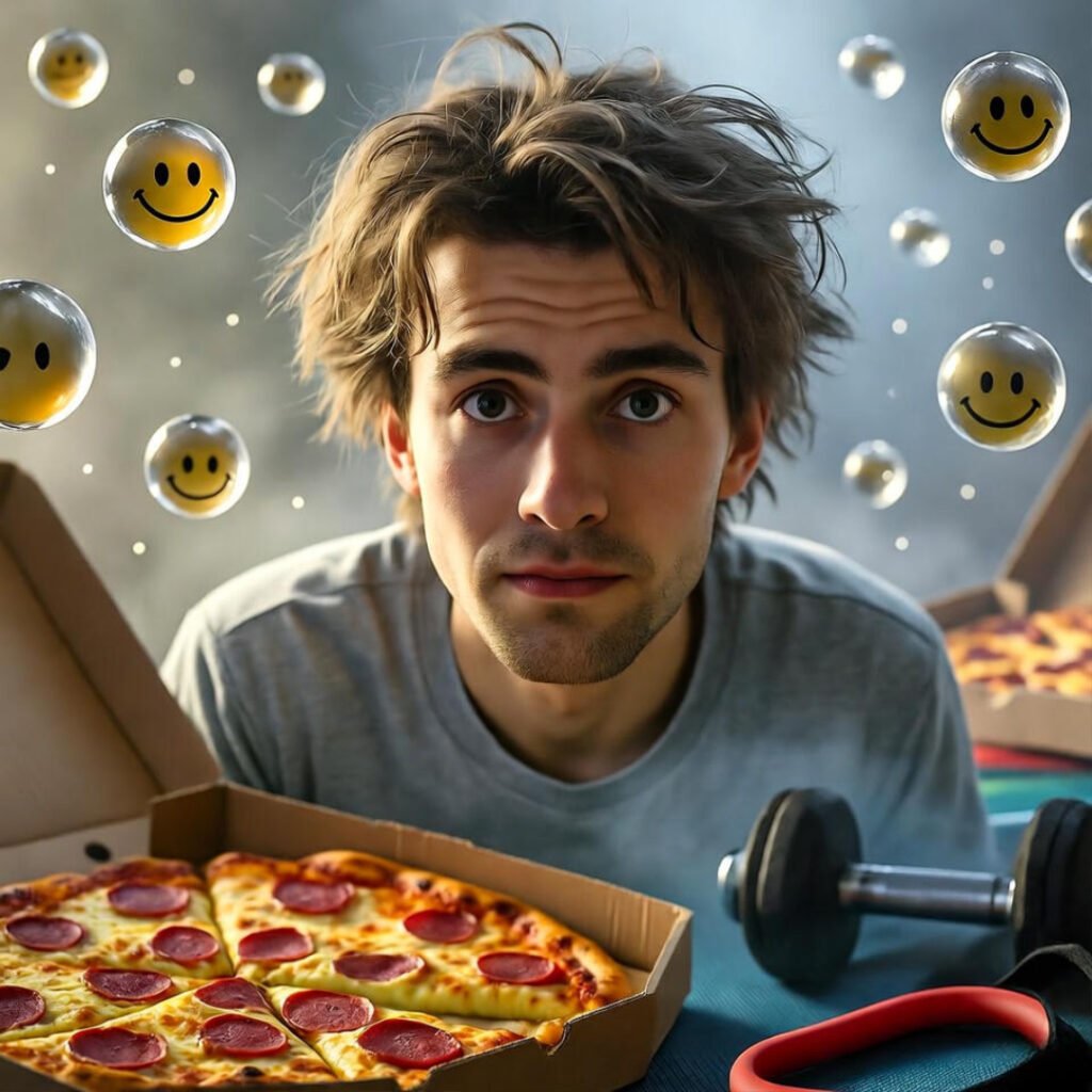 Guilty pizza binge amid gym gear.