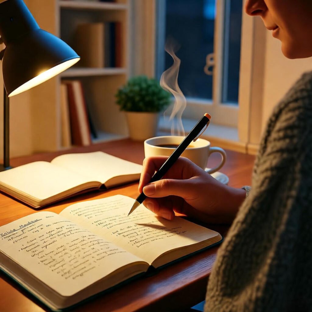 Evening journaling with coffee and lamp.