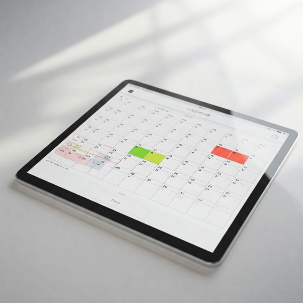 Color-coded digital calendar on tablet.