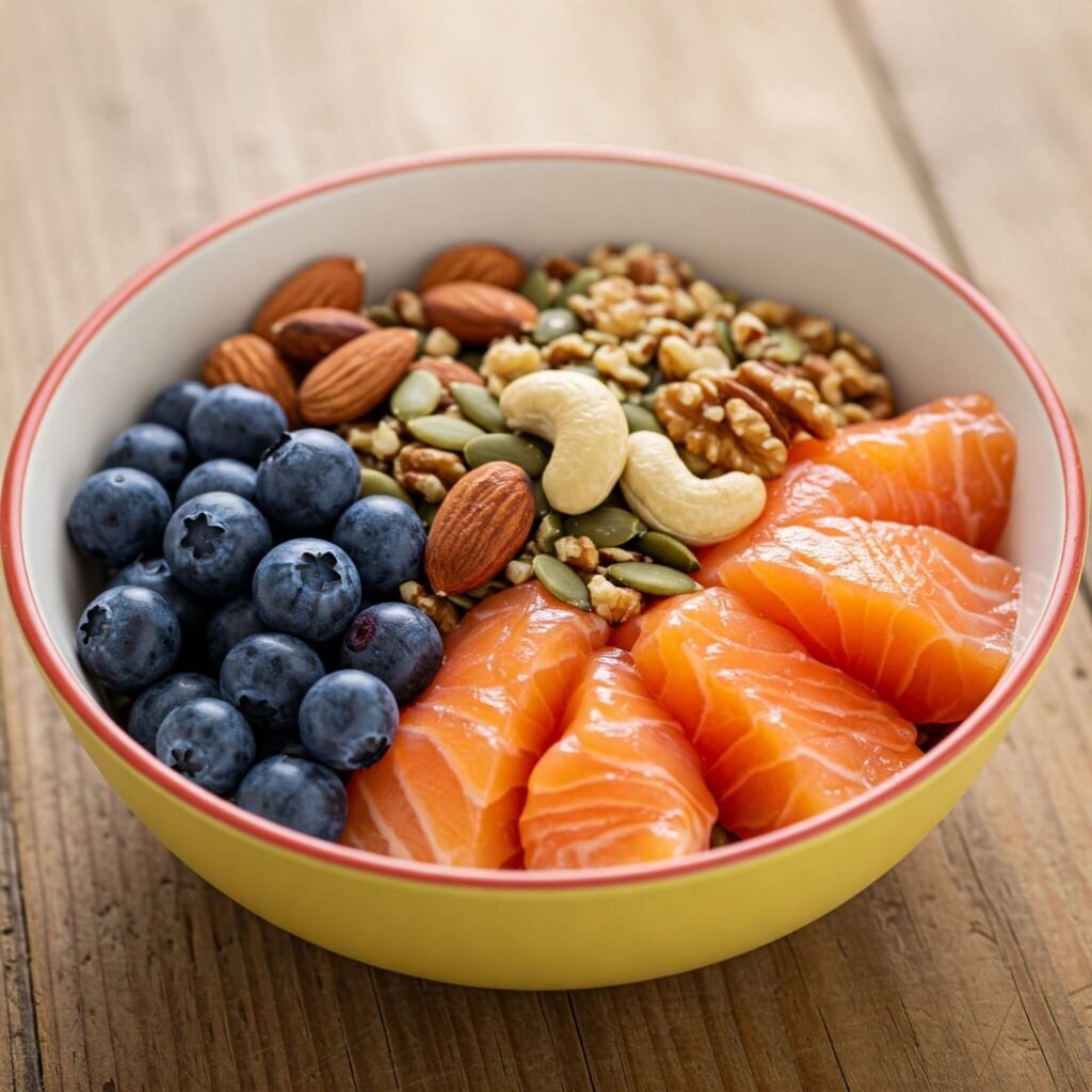 Salmon, blueberries, nuts: Brain health bowl.