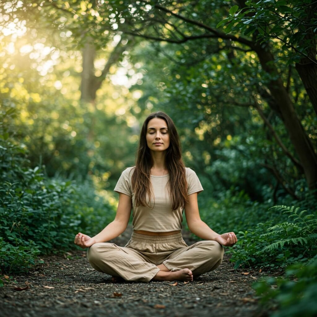 Person meditating outdoors in nature.