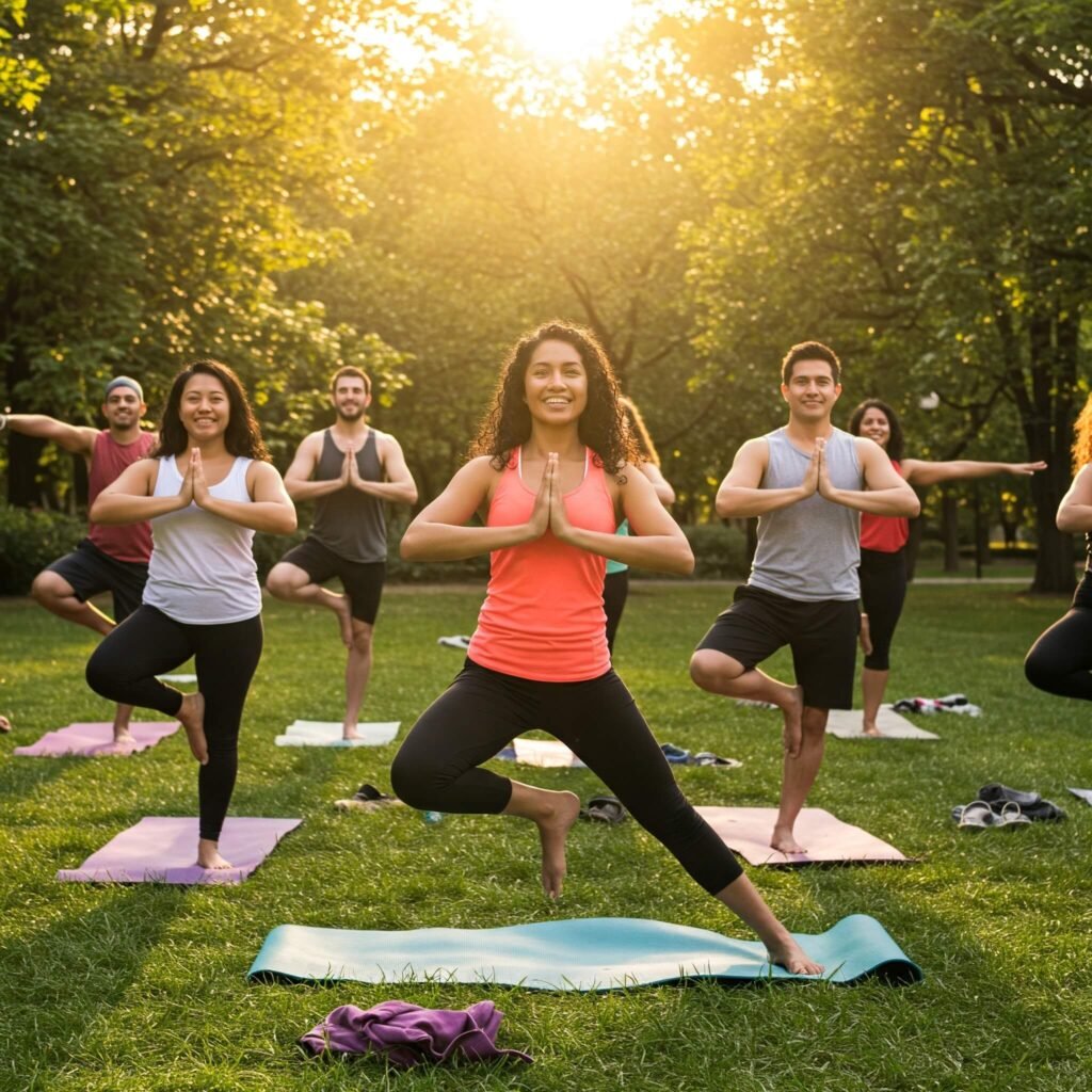 roup yoga in the park for positivity