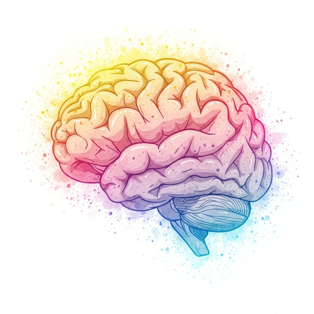 Brain illustration with positivity light bursts