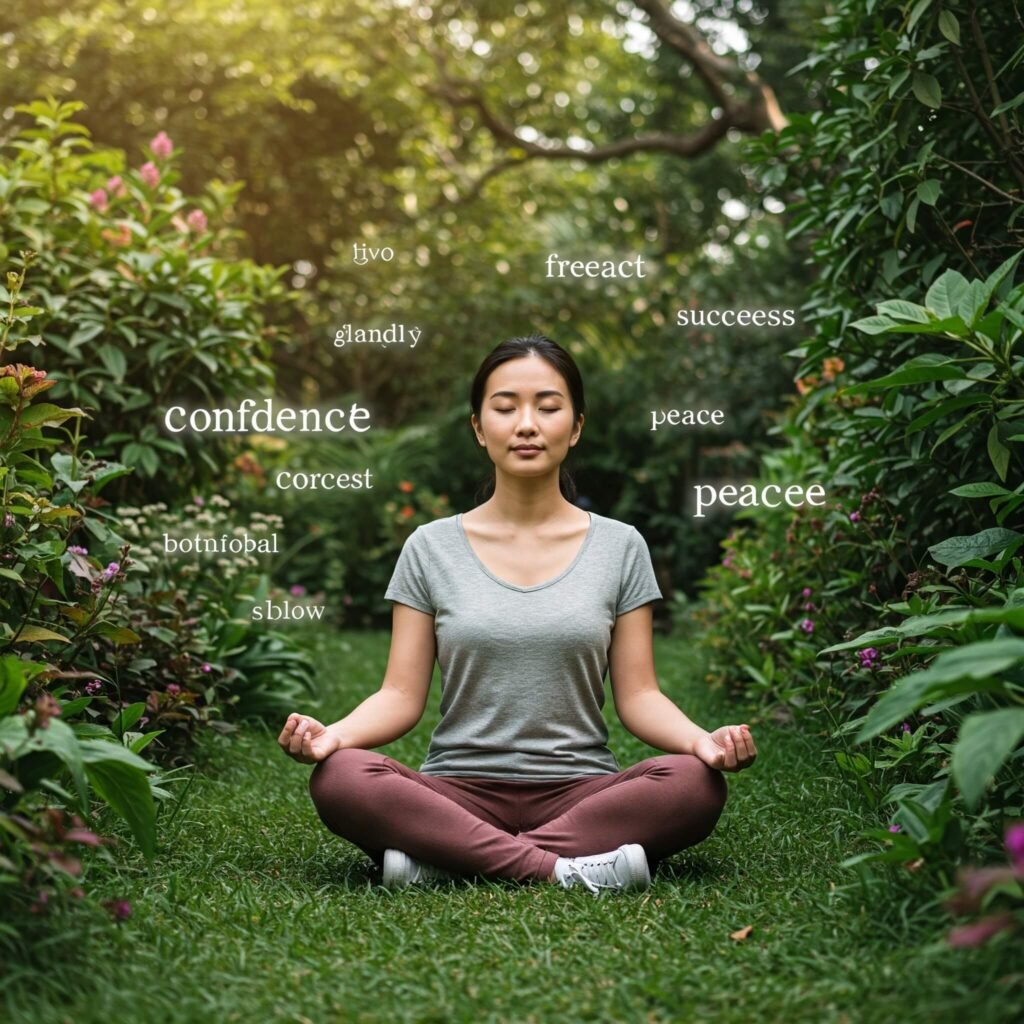 Meditating with affirmations in garden.
