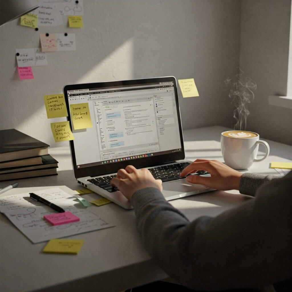 Organized desk: productive study environment.