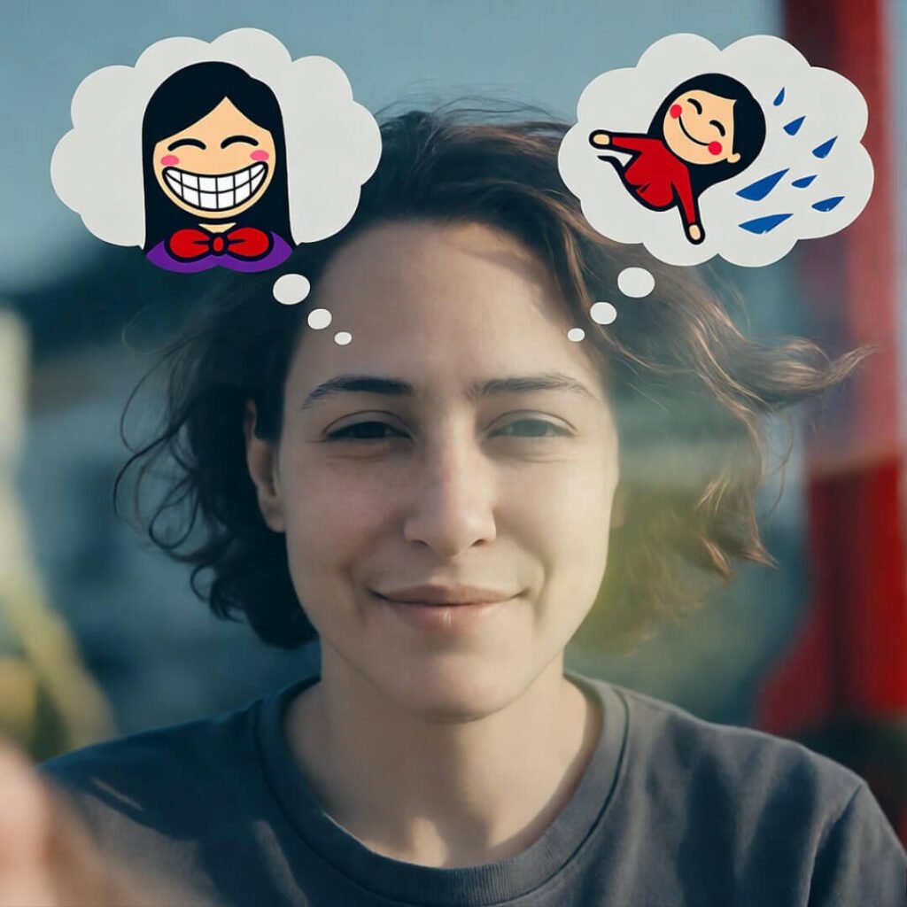 Person falling yet grinning with cartoon contradictions, blues and reds blending bittersweet vibes.