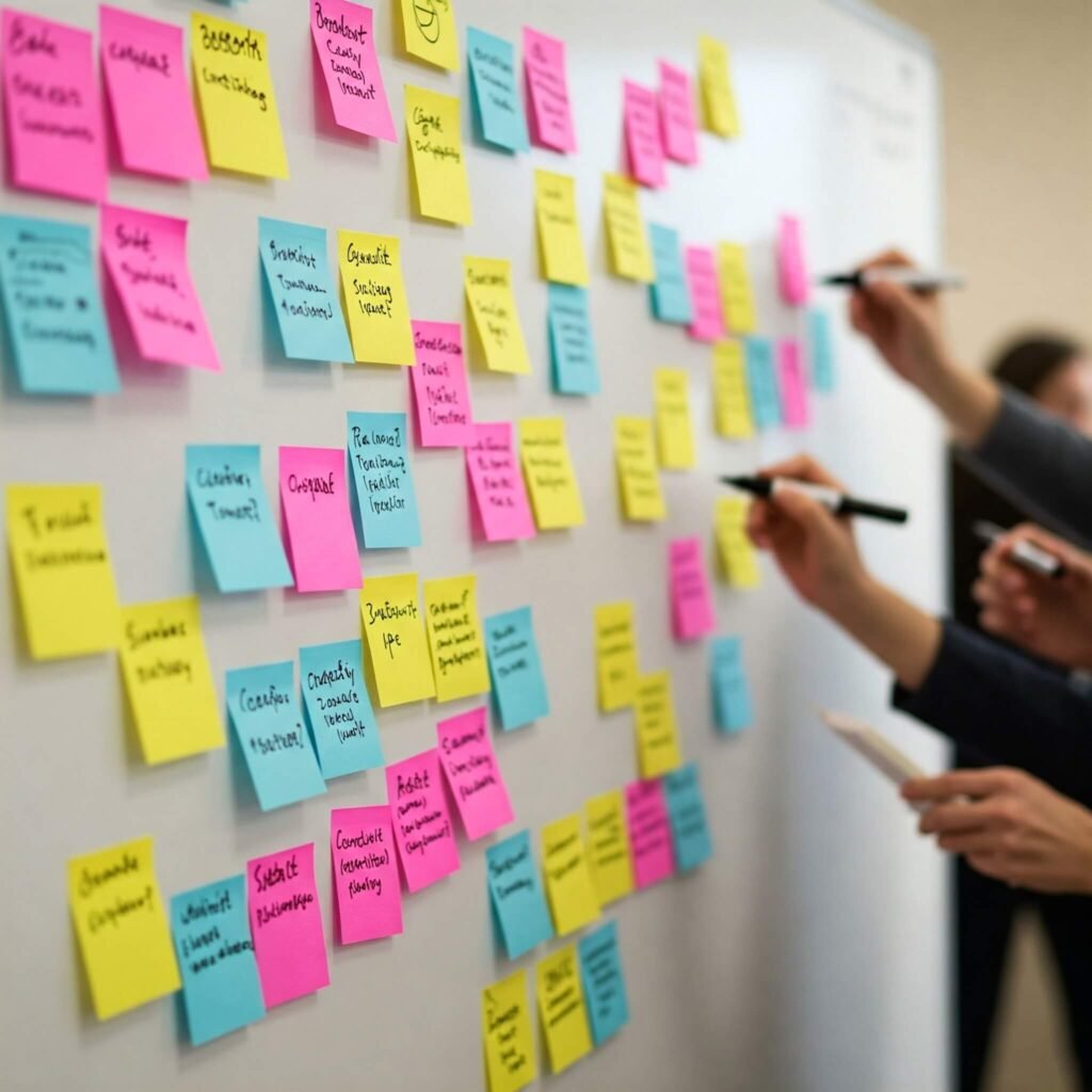 Colorful sticky notes on whiteboard