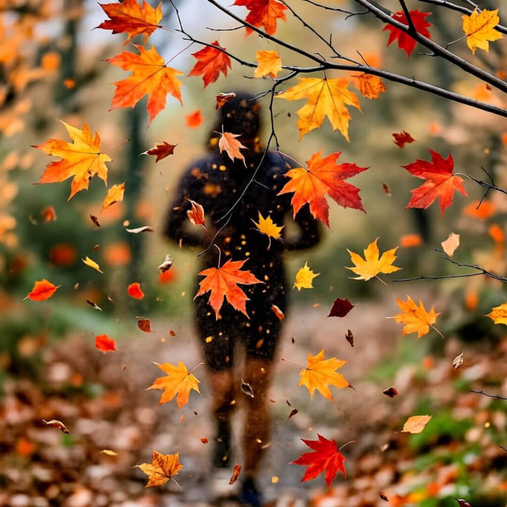 Blurry autumn trail run confetti.