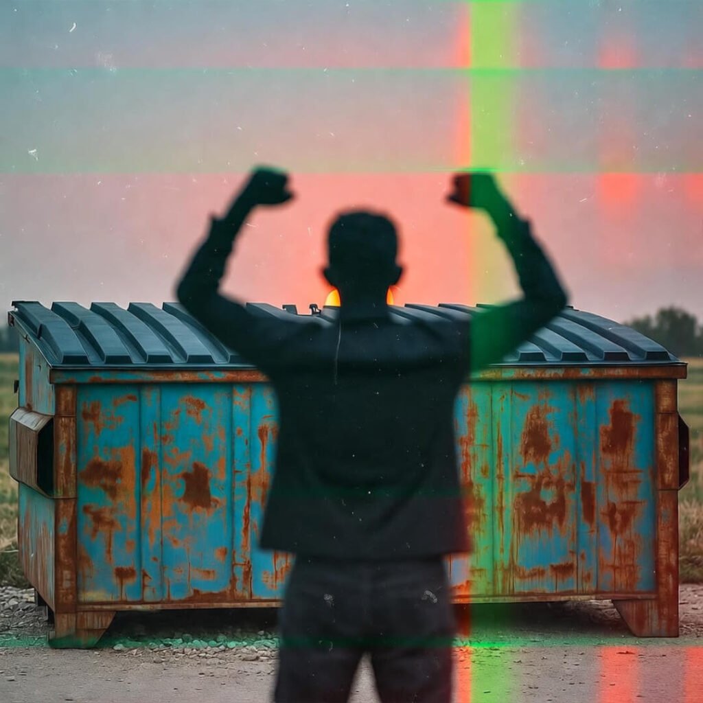 Fist-pump silhouette at pink sunrise dumpster.