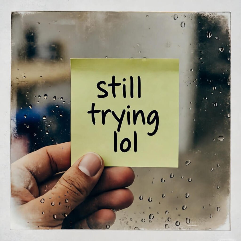 Faded Polaroid, hand with sticky note, raindrop lens.