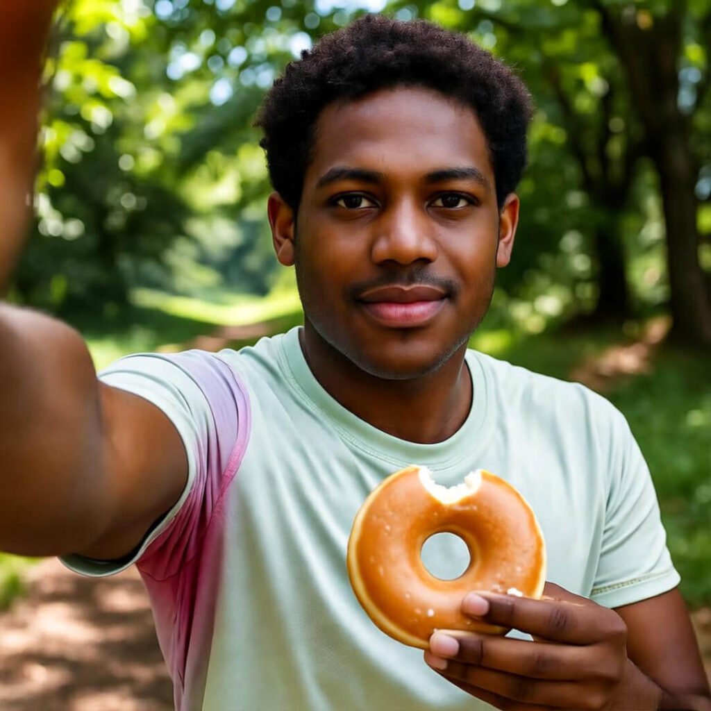 Sweaty selfie with half-eaten donut mid-walk.