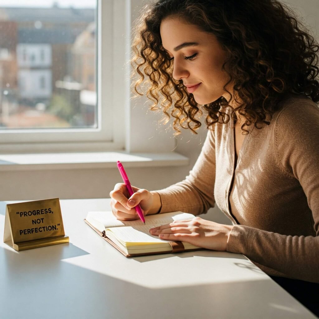 Person checking off goal in notebook.