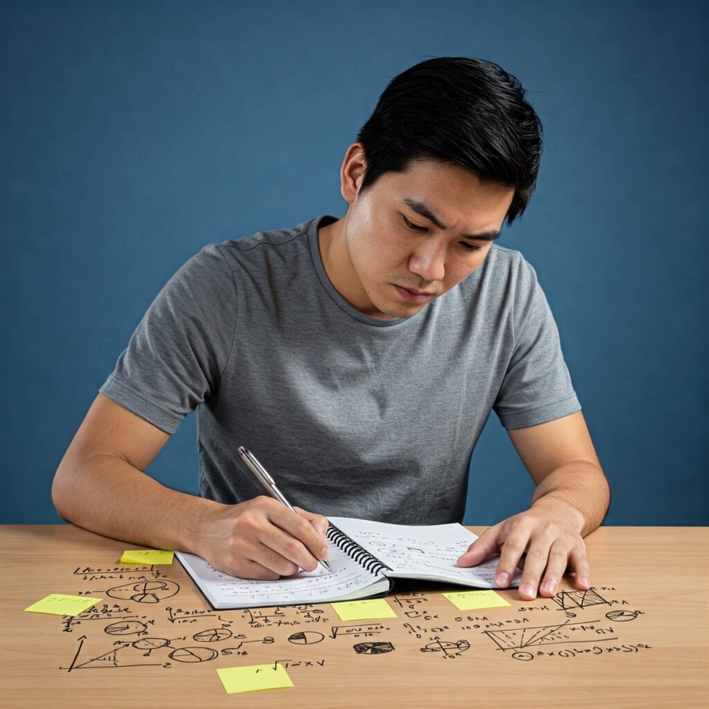 Focused person at desk, blue background.
