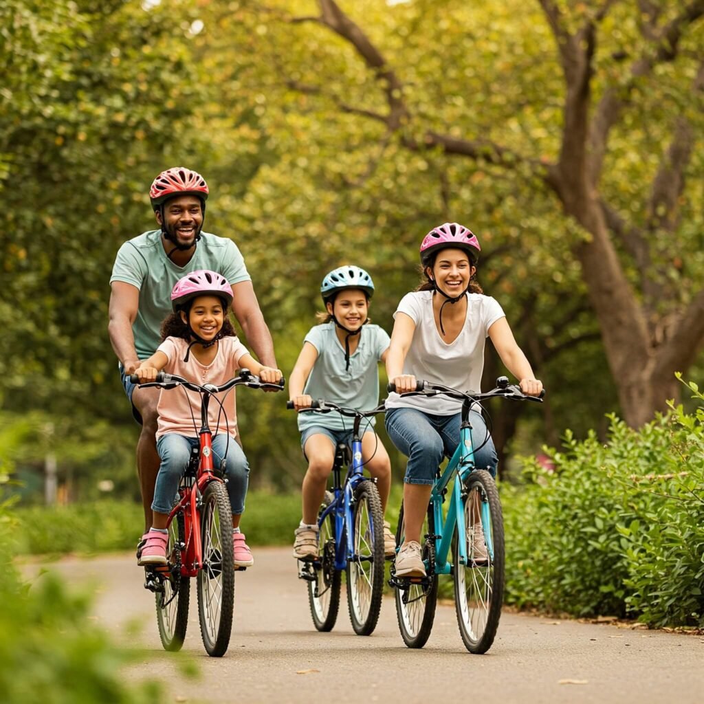 Family bike ride in park