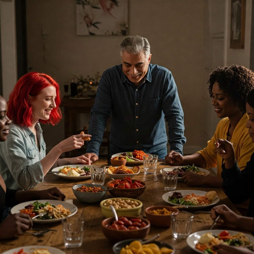 Diverse group sharing grateful meal.
