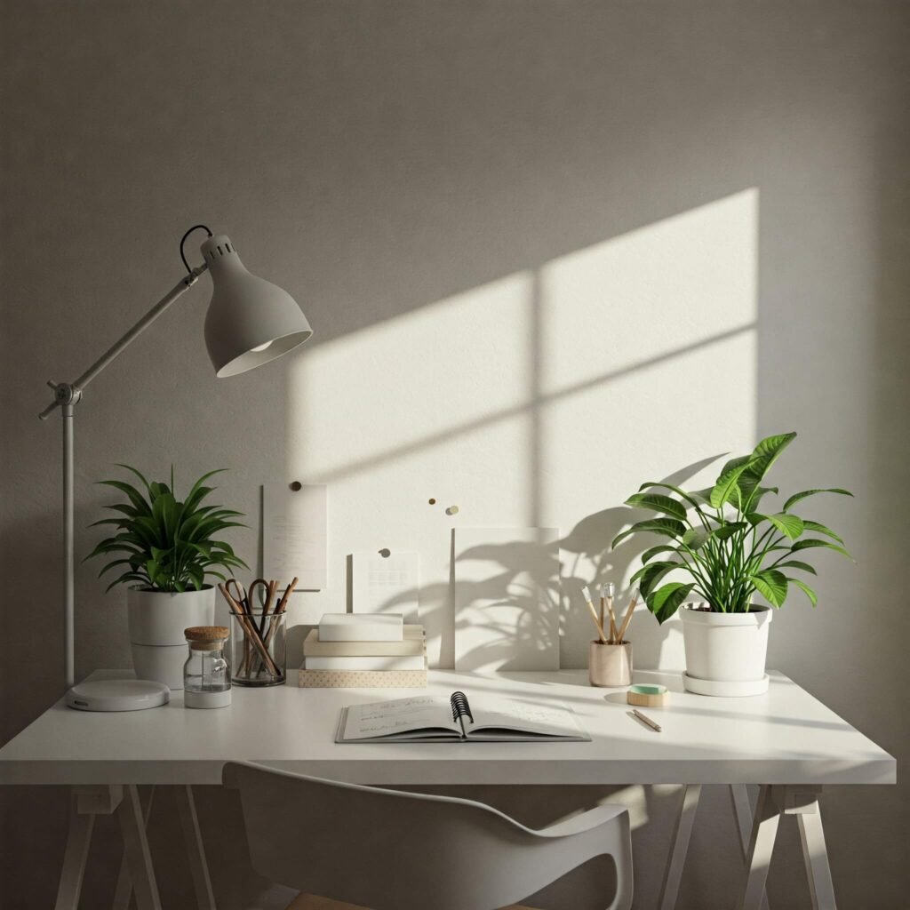 Peaceful study nook with plants and soft light.
