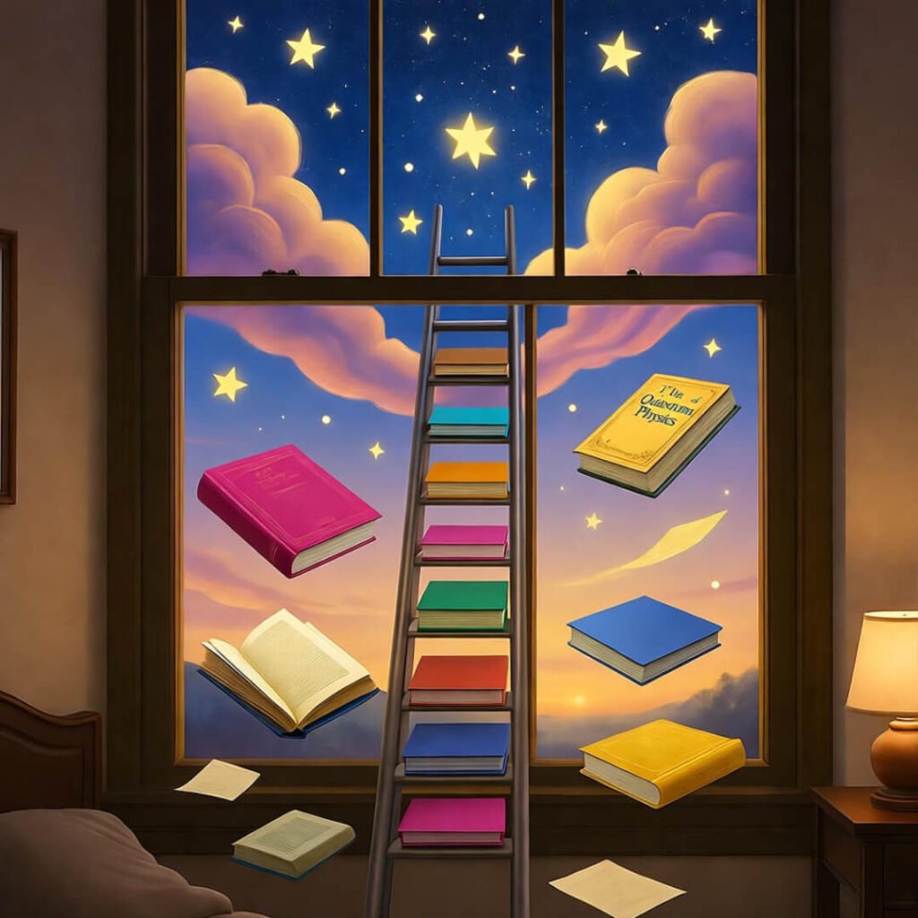 Ladder to stars with flying books in hopeful pinks and golds, enthusiastically reaching for success.