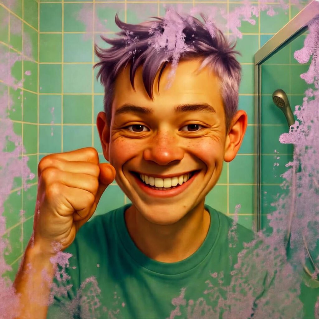 Steamy mirror victory fist grin.