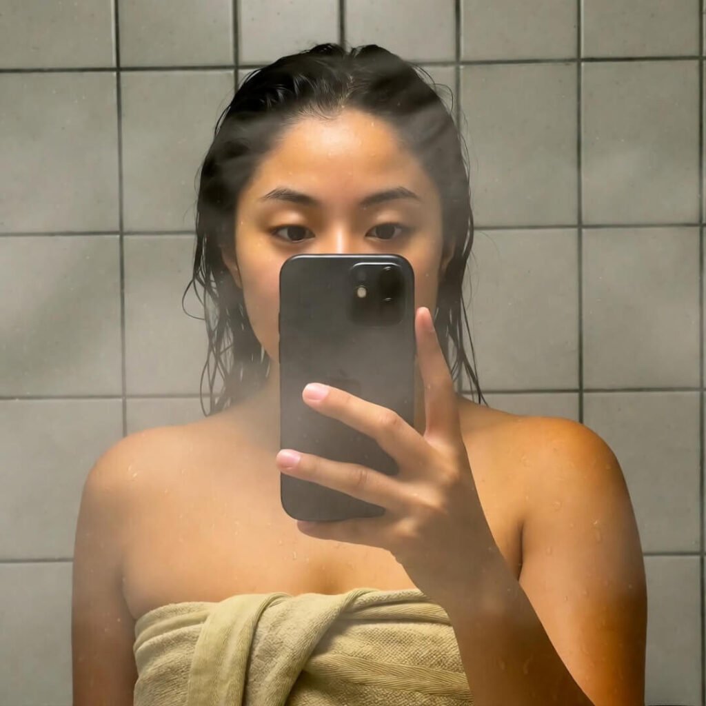 Foggy mirror post-yoga selfie.